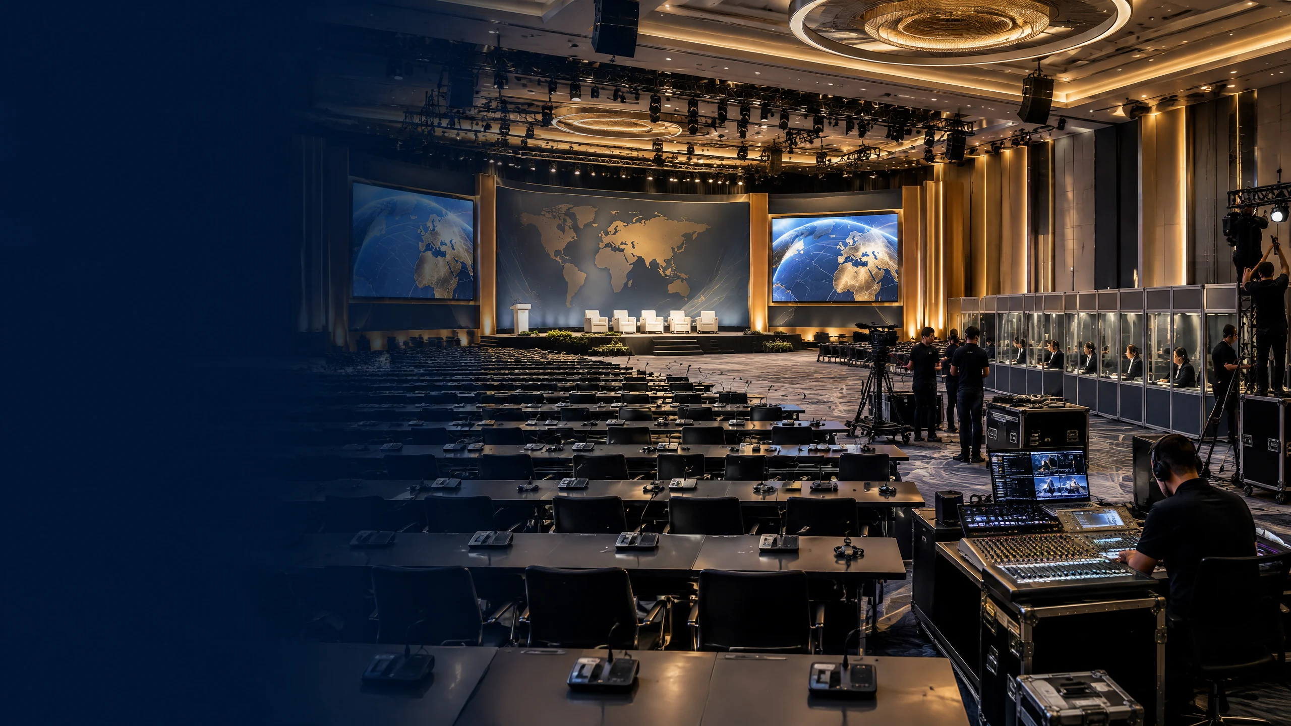 Complete multilingual conference venue with interpretation booths and audiovisual production