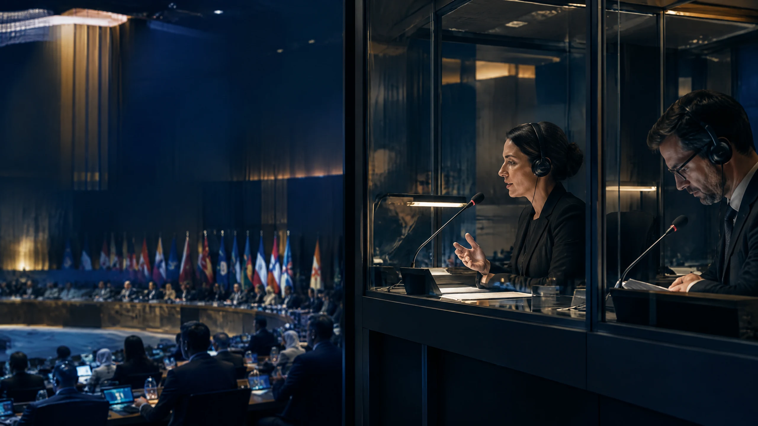 Professional interpreters working in a booth at an international conference