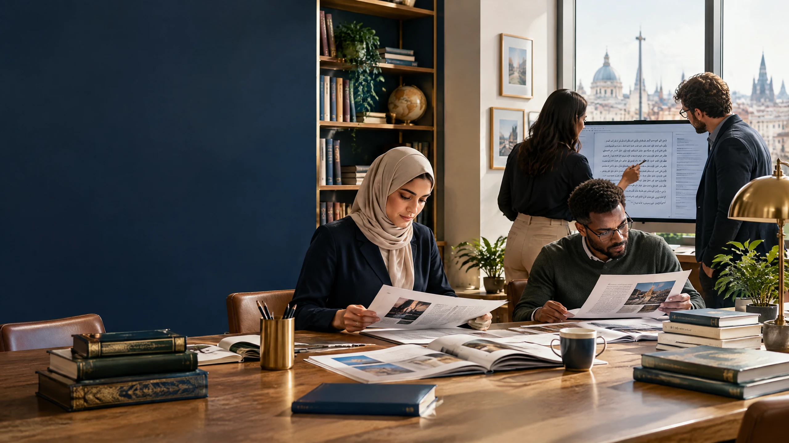 Senior multilingual linguist reviewing Arabic French and English documents